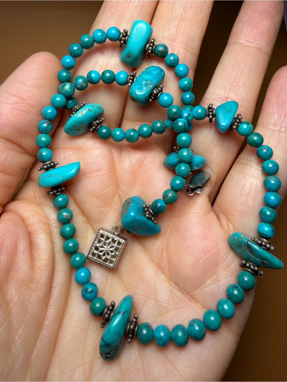 Vintage Sterling Silver Natural Turquoise Nugget Beaded Statement Necklace